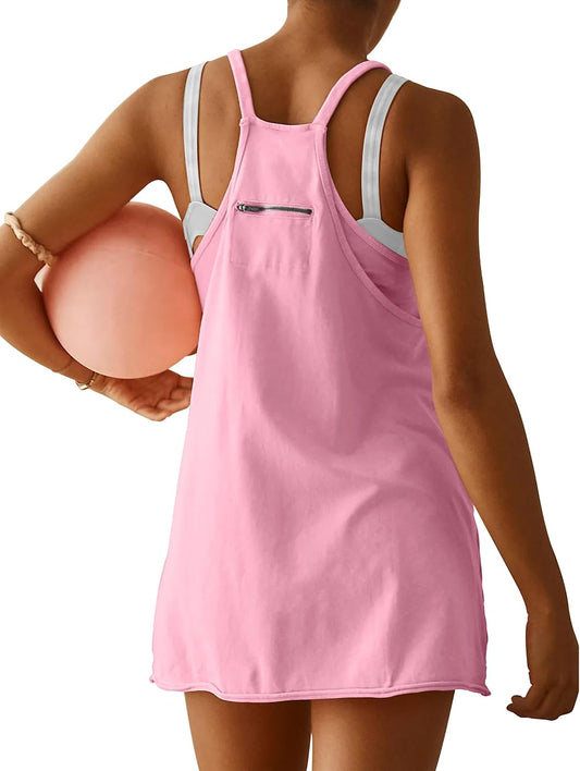 VIUTIL Womens Athletic Dress Built in Shorts Hot Shot Mini Dress Spaghetti Straps Tennis Workout 2026 Summer Romper Dress