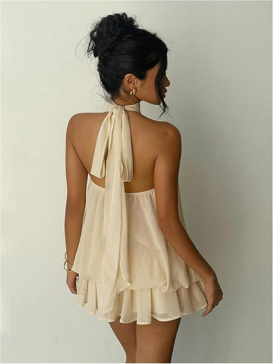 Verdusa Women's Chiffon Halter Drop Waist Flowy Wedding Guest Mini Dresses