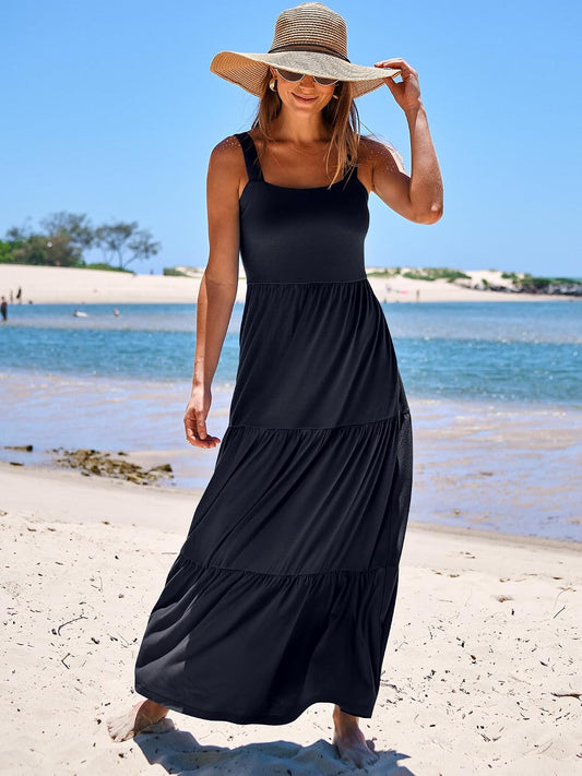 ANRABESS Women's Summer Flowy Maxi Dress Square Neck Sundress with Pockets
