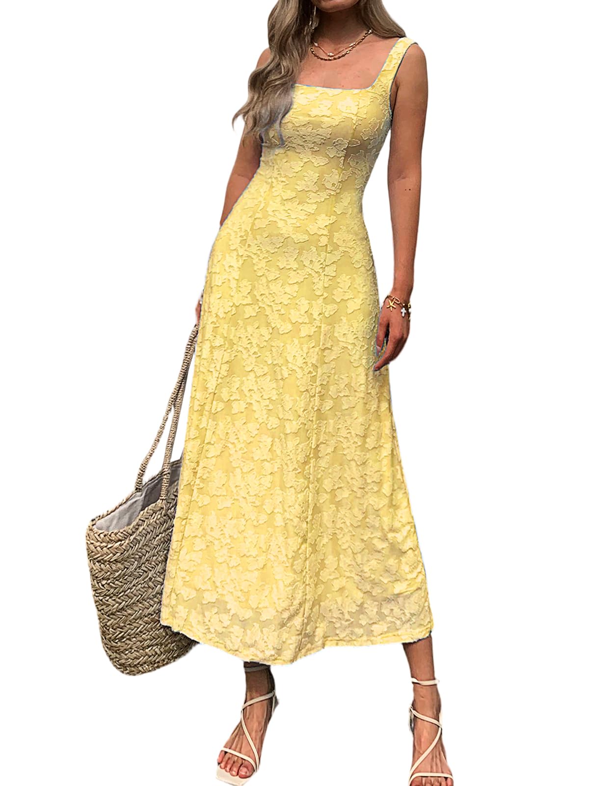Mieazom Women’s Floral Maxi Dress Square Neck Sleeveless A Line Summer Dress Elegant Fitted Bodice Flowy Long Sundress