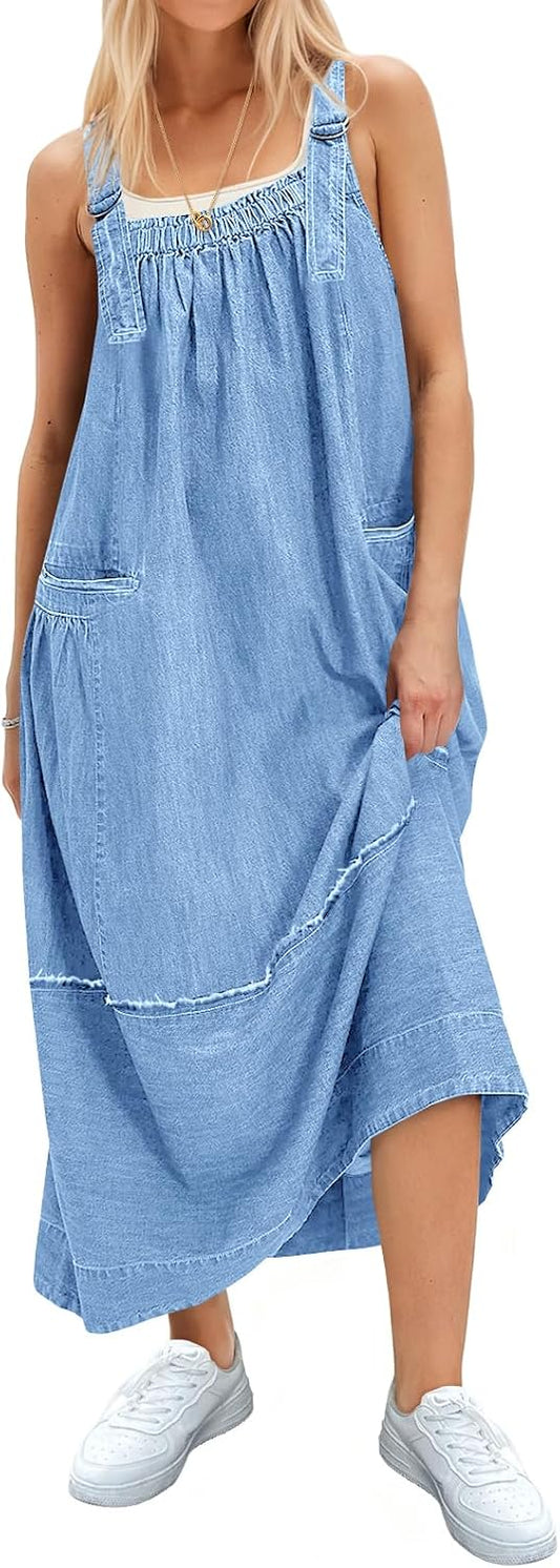 Cicy Bell Women's Denim Overall Dress Casual Adjutable Strap Back Drawstring Loose Jumper Bib Maxi Dresses with Pockets
