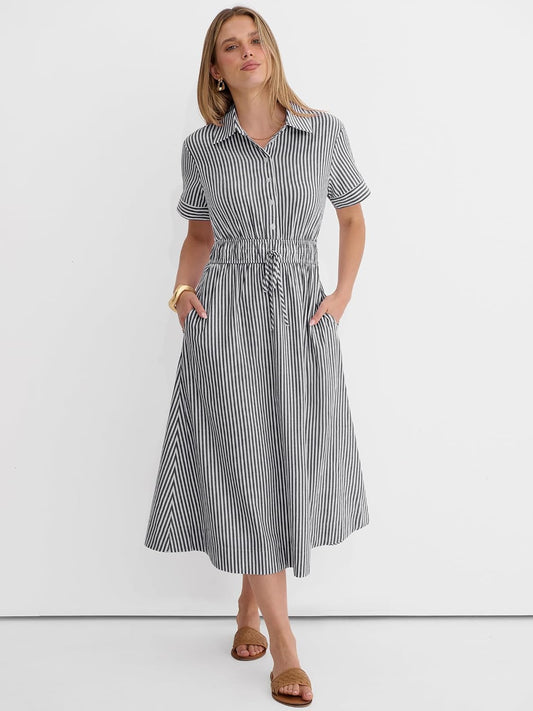 ANRABESS Women Summer Short Sleeve Midi Dress, Striped & Gingham, Casual A-Line Button Collar Shirt Dress, Beach & Vacation