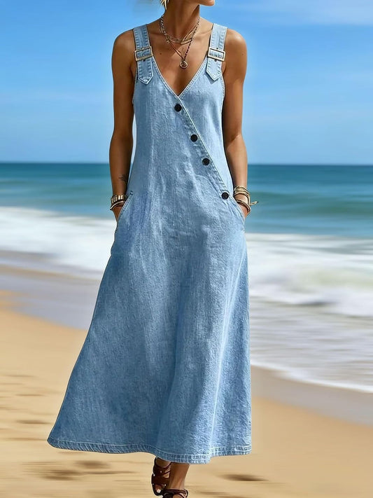 chouyatou Women's Adjustable Straps Denim Overall Dress Jean Pinafore Jumper Mid Long Dress With Pockets