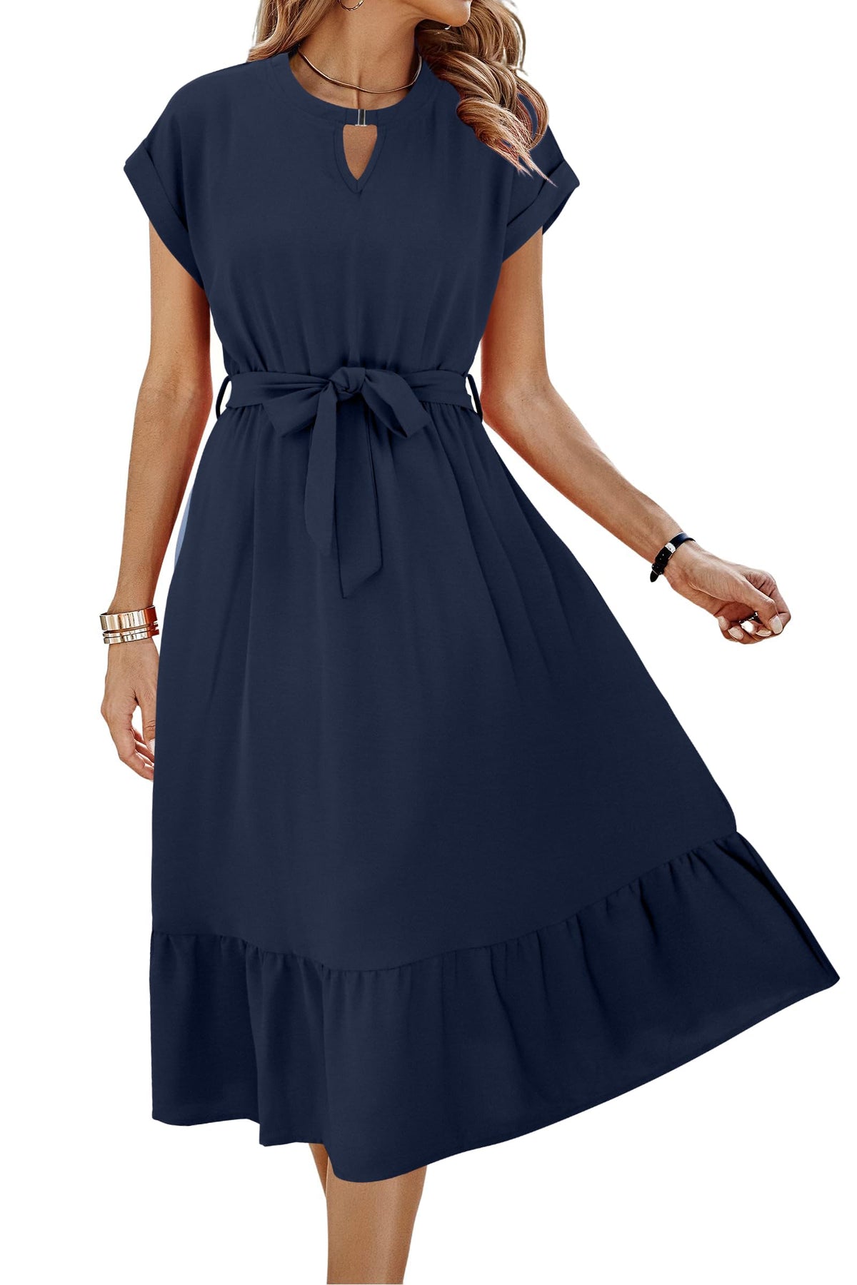 ECOWISH Womens Casual Midi Dresses Solid V Neck Short Sleeve Button Shirt Belted Dress with Pockets for Spring Summer 2026