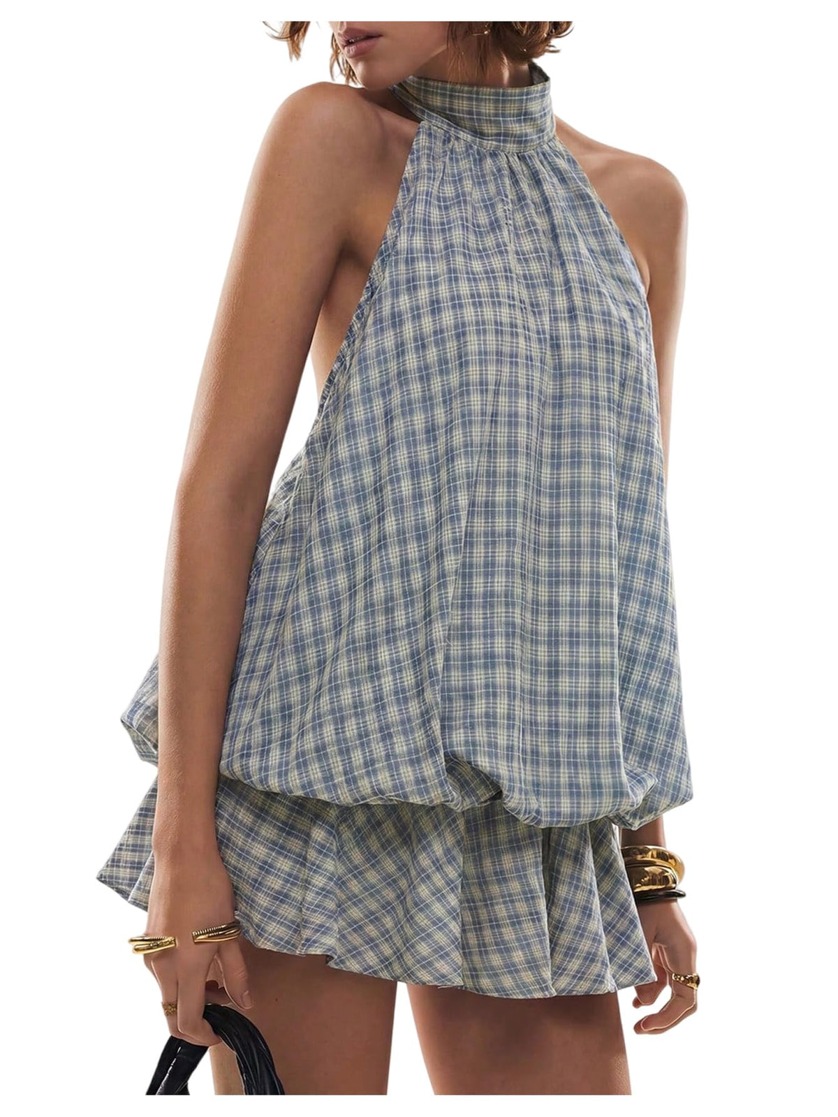 SOLY HUX Women's Plaid Halter Mini Dress Ruffle Bubble Hem Going Out Dress