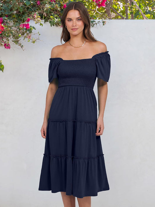 ANRABESS Women Summer Casual Square Neck Flutter Sleeve Boho Smocked A-Line Flowy Tiered Modest Midi Sun Dress with Pockets