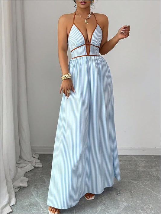 Floerns Women's Striped Halter Maxi Dress Backless Smocked Boho Dress