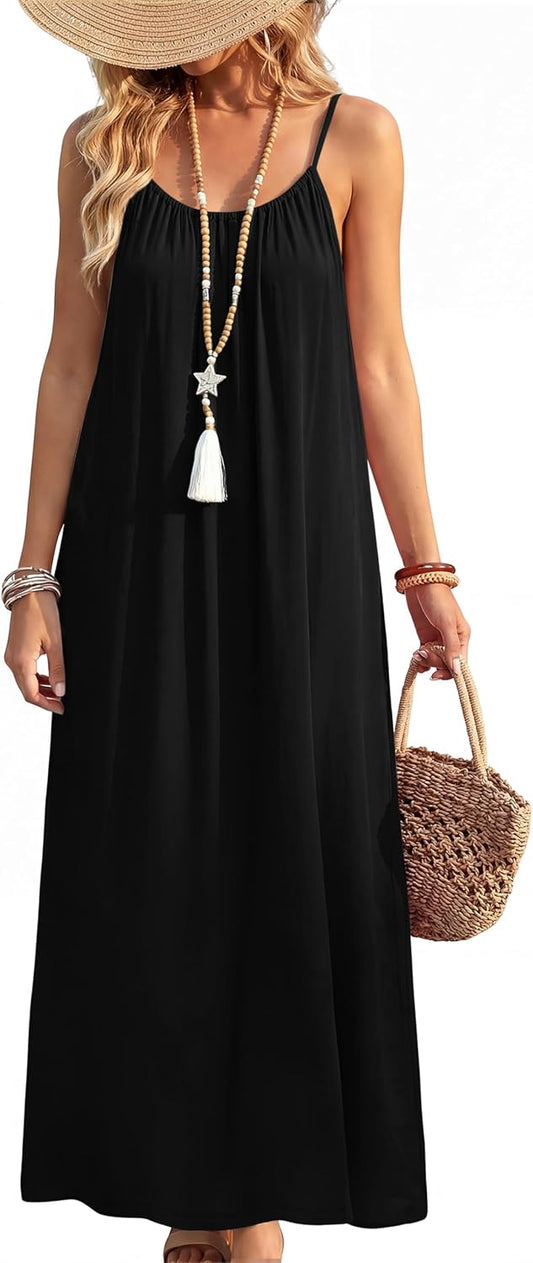 OFEEFAN Summer Dresses for Women 2026 Backless Cami Maxi Sundresses Spaghetti Strap Beach Vacation Clothes Swimsuit Coverup