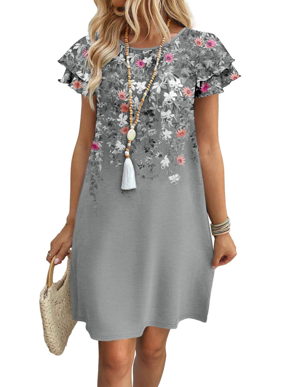 OFEEFAN Womens Summer Dresses 2026 Ruffle Sleeve Round Neck Loose Swing Sundresses with Pockets Plain/Print