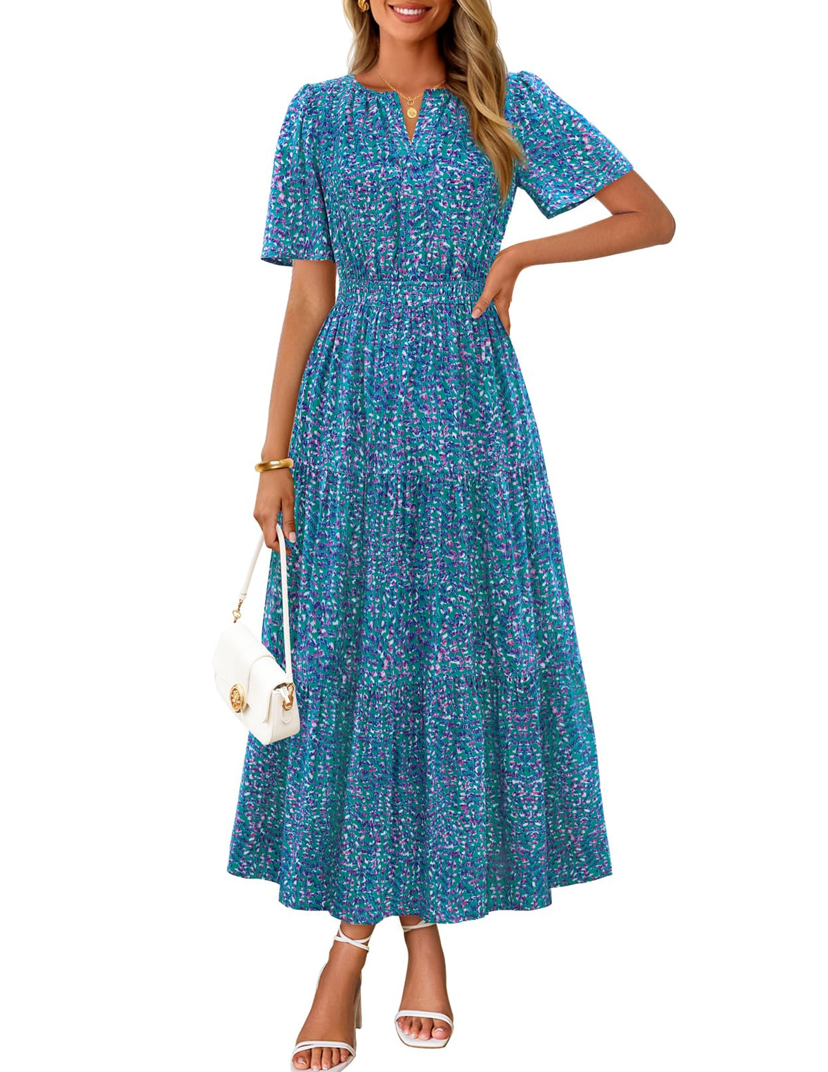 MEROKEETY Women's Summer Casual Floral Boho Short Sleeve Midi Maxi Dresses
