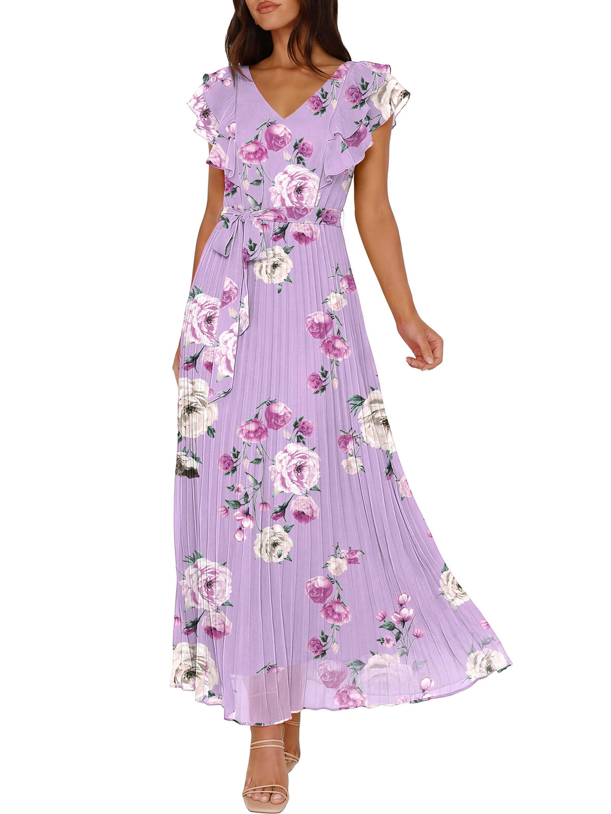 ANRABESS Women V Neck Ruffle Sleeve Floral Pleated Maxi Dresses Summer Boho Belt Empire Waist Wedding Guest Party Flowy Dress