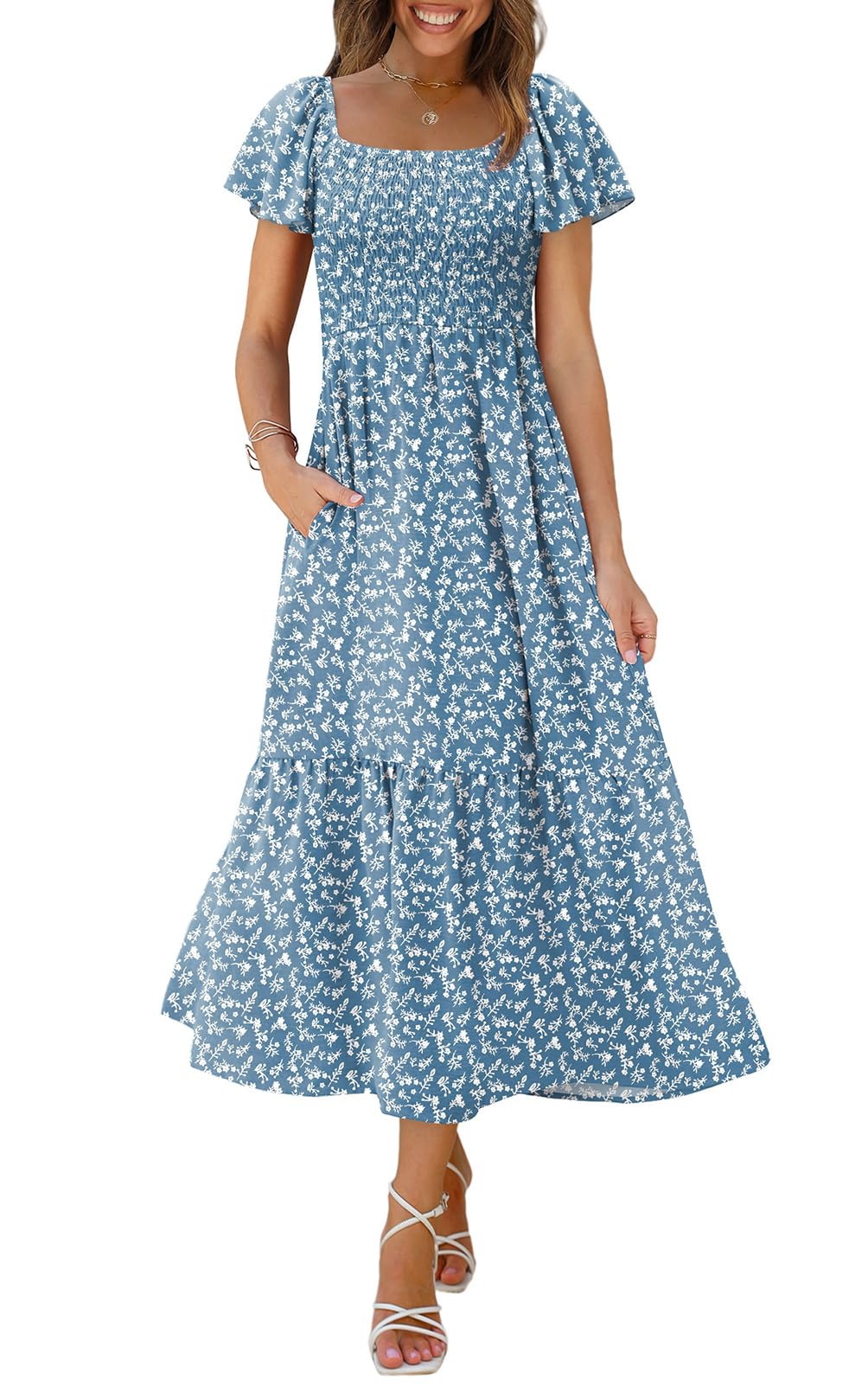 OFEEFAN Summer Dresses for Women Square Neck Ruffle Sleeve Smocked Maxi Dress with Pockets