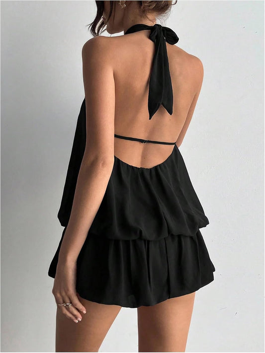 Floerns Women Backless Sleeveless Ruffle Bubble Hem Mesh Halter Mini Dress