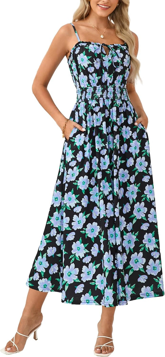 GRACE KARIN 2026 Women's Hawaiian Midi Sundress Summer Vacation Spaghetti Floral Clothes Boho Casual Dresses with Pockets
