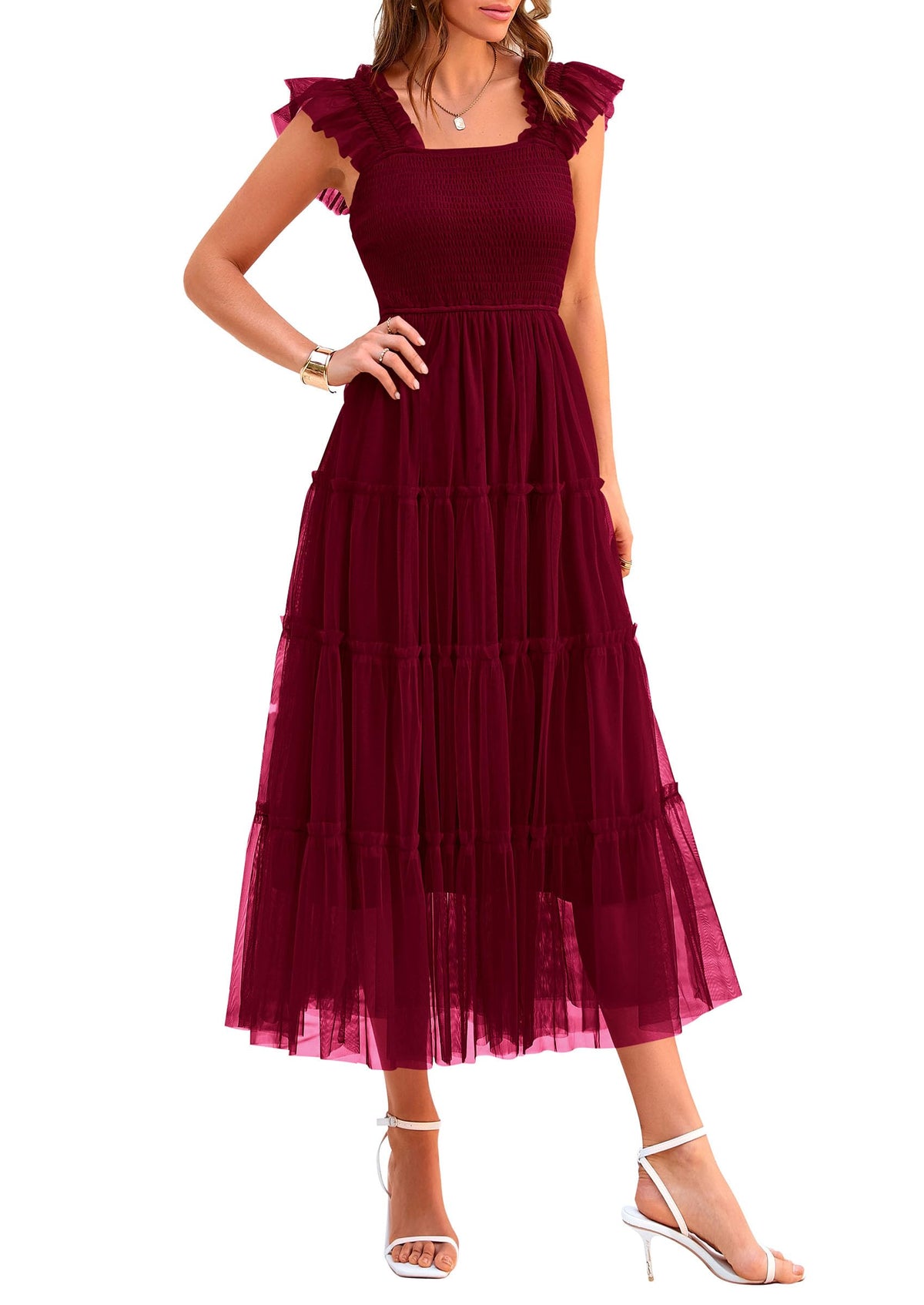 PRETTYGARDEN Women's Summer Smocked Midi Tulle Dress