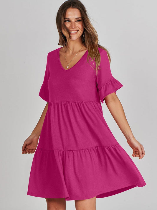 ANRABESS Dresses for Women Summer 2026 V Neck Ruffle Sleeve A Line Tiered Flowy Casual Trendy Mini Beach Dress with Pockets
