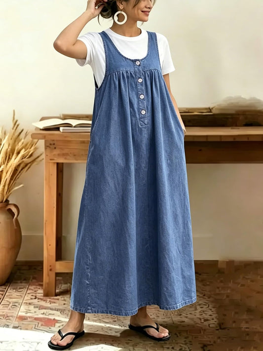 chouyatou Women's Pullover Denim Overall Dress Mid Long Button Front Pinafore Bib Jean Dress With Pockets