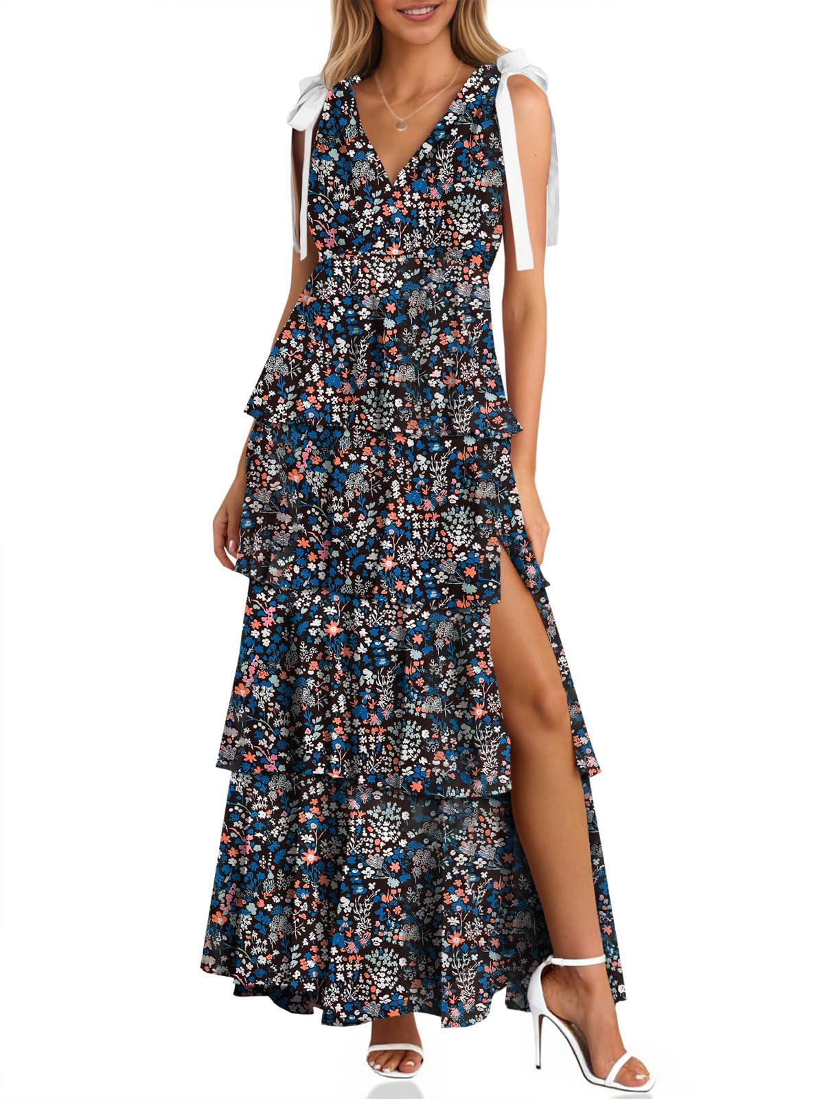 Wenrine Womens Elegant Wedding Guest Dress Floral Ruffle Maxi Dresses