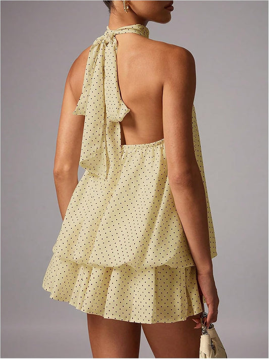 OYOANGLE Women Summer Polka Dots Halter Y2k Cute Ruffle Wedding Party Dress