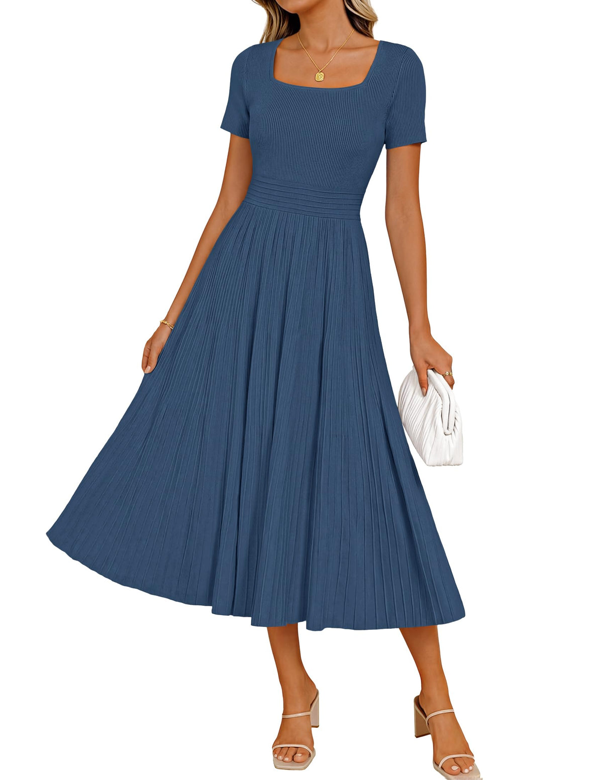 ZESICA Womens Elegant Pleated Wedding Guest Midi Sweater Dress