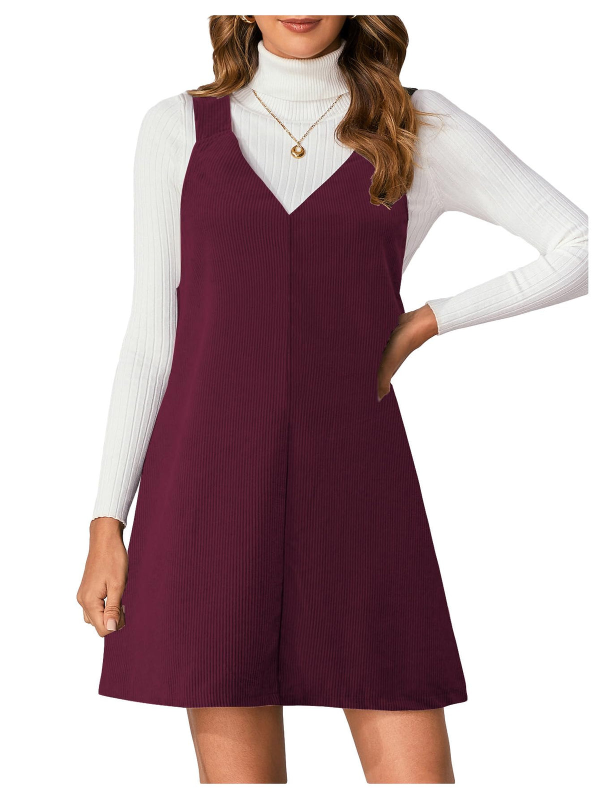 Milumia Women's V Neck Corduroy Overall Dress Mini Pinafore Jumper Dress