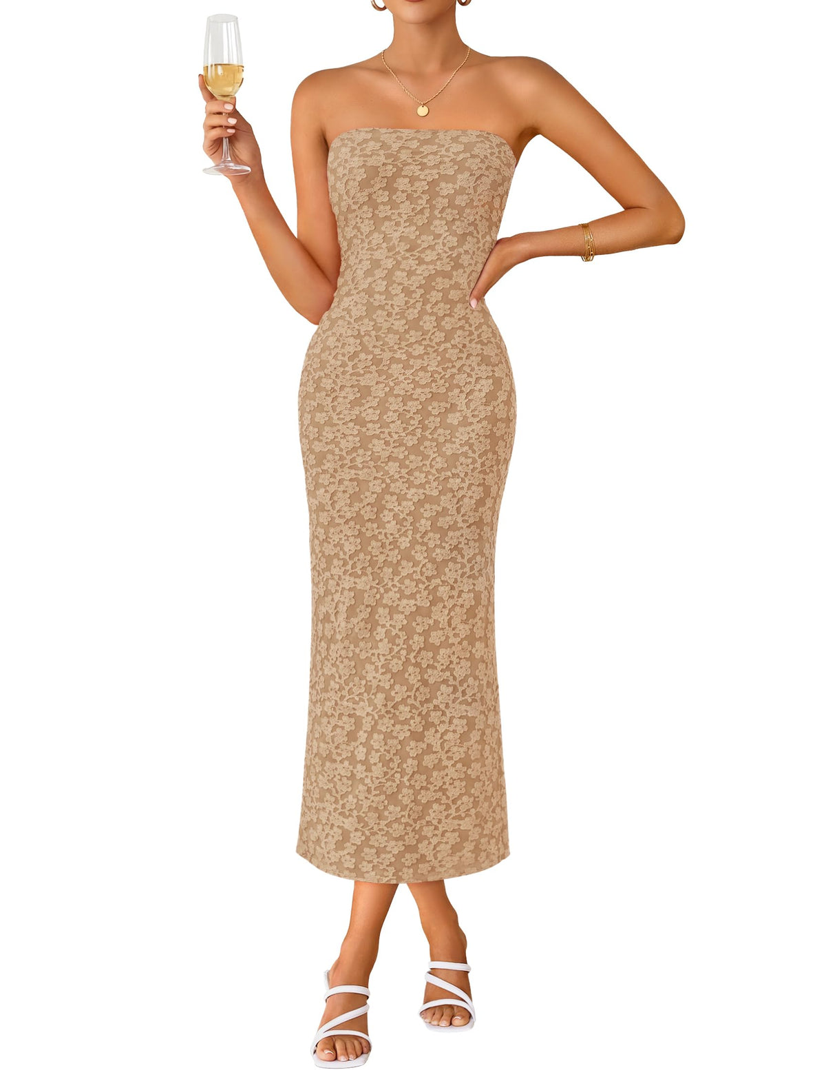 ZESICA Women's Floral Strapless Bodycon Weeding Guest Dress