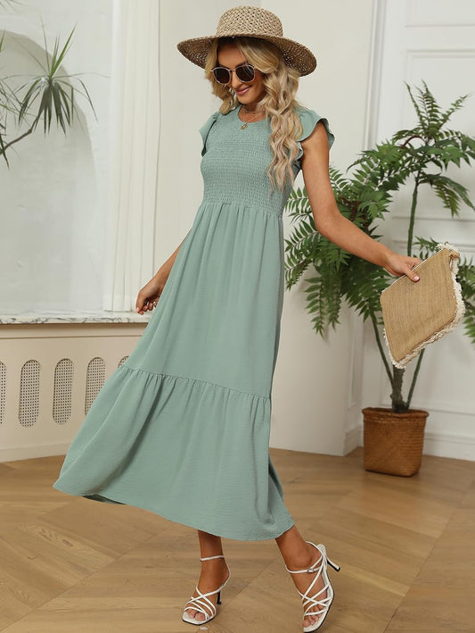 OFEEFAN Women's Casual Maxi Dresses with Pockets Ruffle Sleeve Smocked Dress XS-2XL
