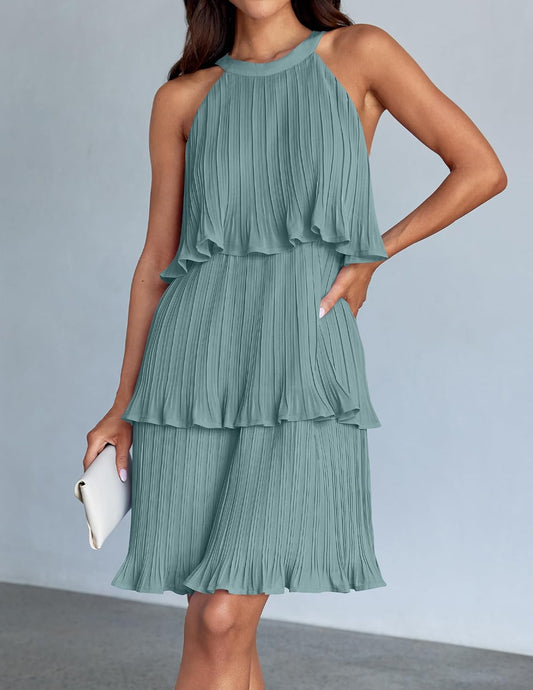 ZESICA Women's Summer Halter Ruffle Tiered Cocktail Mini Dresses