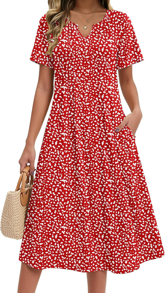 Zeagoo Summer Dresses for Women 2026 Casual Short Sleeve Aline Midi Dress with Pocket Flowy Pleated Tshirt Beach Sundress
