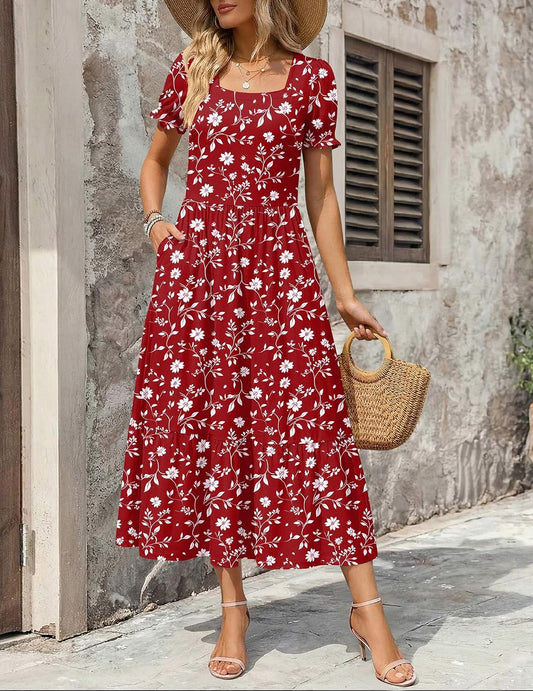 Zeagoo Summer Dresses for Women Flowy Casual Midi Dress Short Sleeve Tiered Dress Beach Vacation Sundresses with Pockets