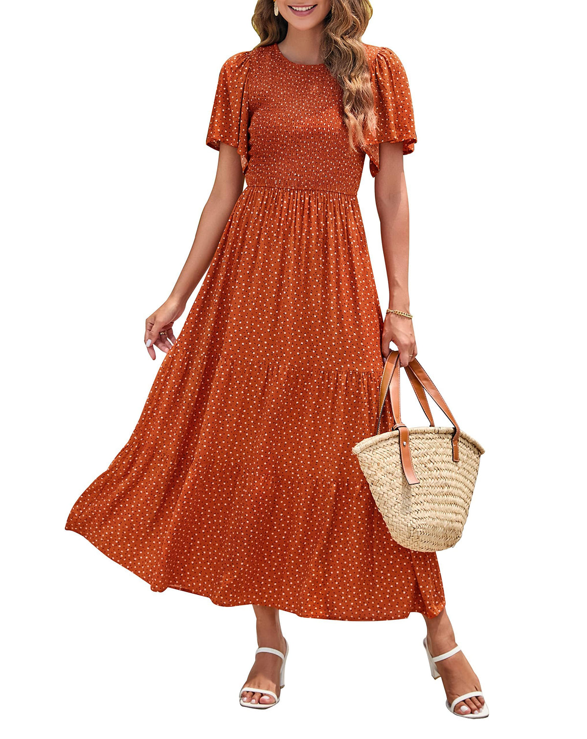 ZESICA Women's Summer Boho Floral Smocked Short Sleeve Maxi Dress