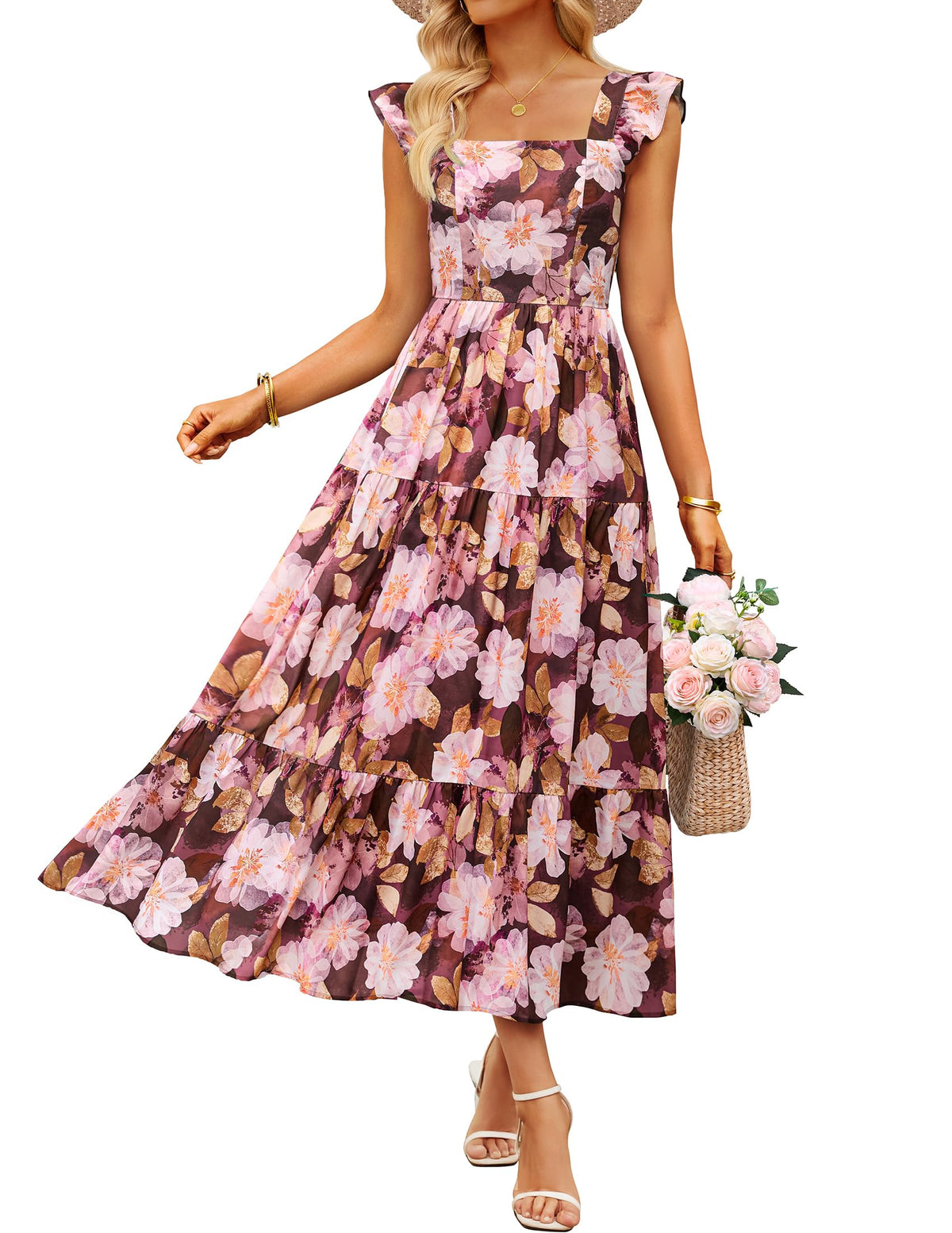 ZESICA Women's Summer Boho Floral Wedding Guest Midi Dresses