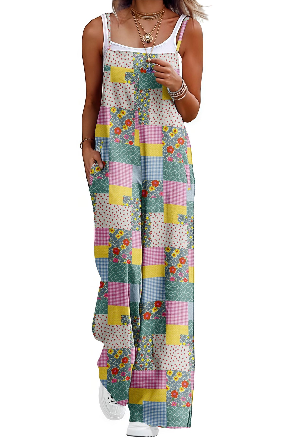 Lepunuo Womens Casual Loose Jumpsuits Summer Boho Wide Leg Rompers Sleeveless Overalls with Pockets