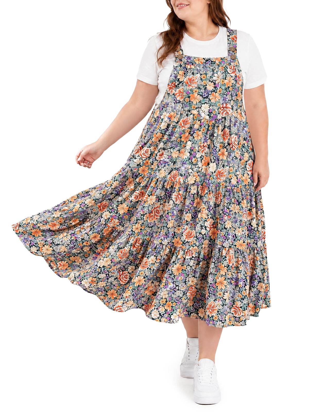 Moon Wood Plus Size Overall Dress for Women Summer Casual Maxi Dresses Jumper Dresses with Pockets Adjustable Straps