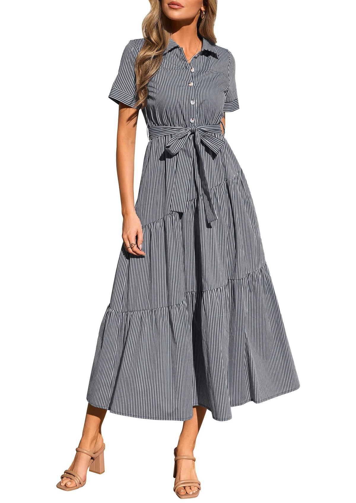 PRETTYGARDEN Women Striped Button Up Maxi Shirt Dress
