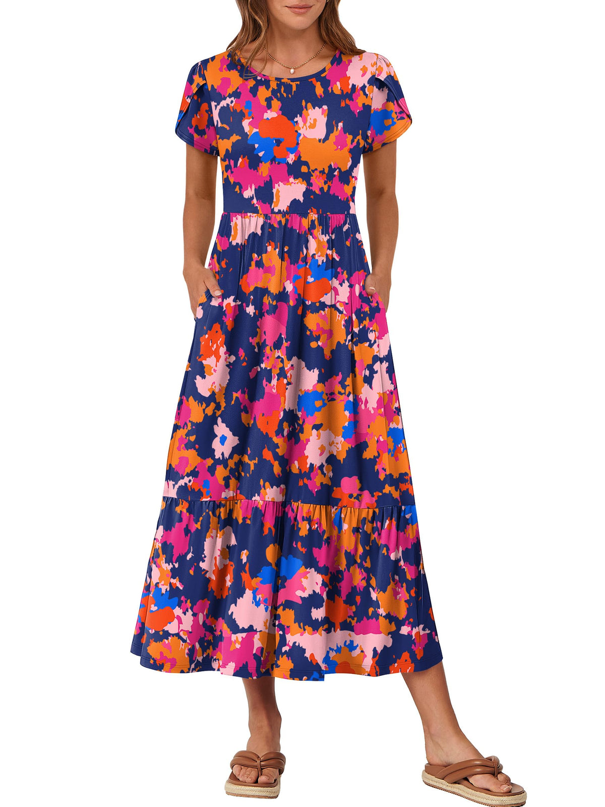ANRABESS Womens Summer Petal Short Sleeve Maxi Dress with Pockets