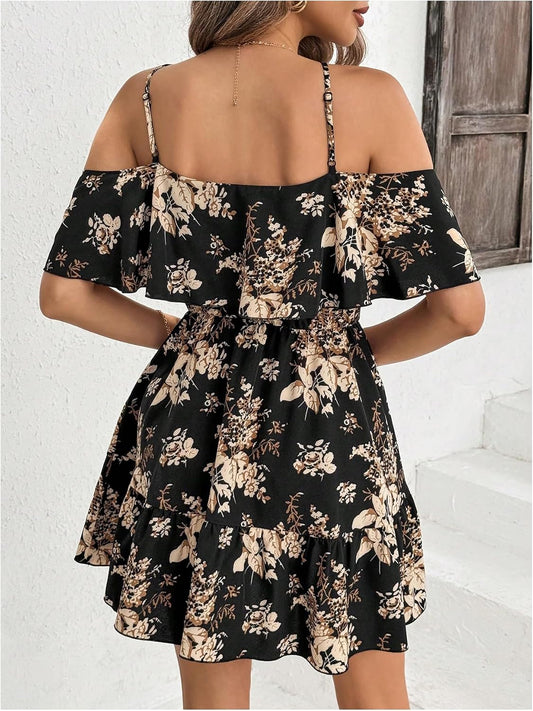 SOLY HUX Women's Summer Floral Mini Dress Cold Shoulder Ruffle Dresses