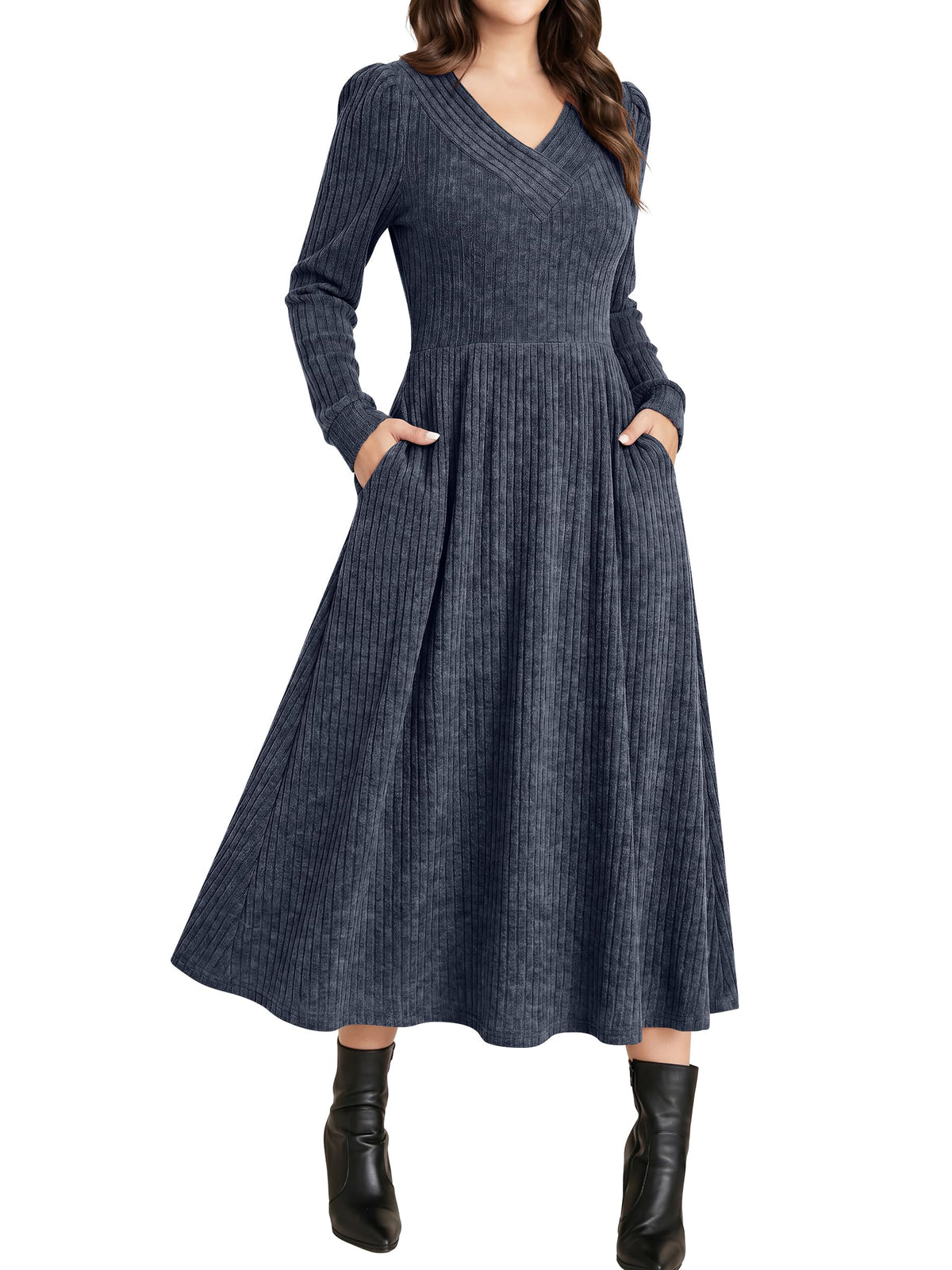 ANRABESS Womens Long Sleeve V Neck A Line Fall Midi Dress
