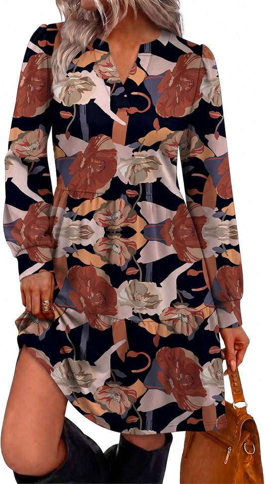 OFEEFAN Fall Dresses for Women V Neck Long Sleeve Tiered Dress with Pockets
