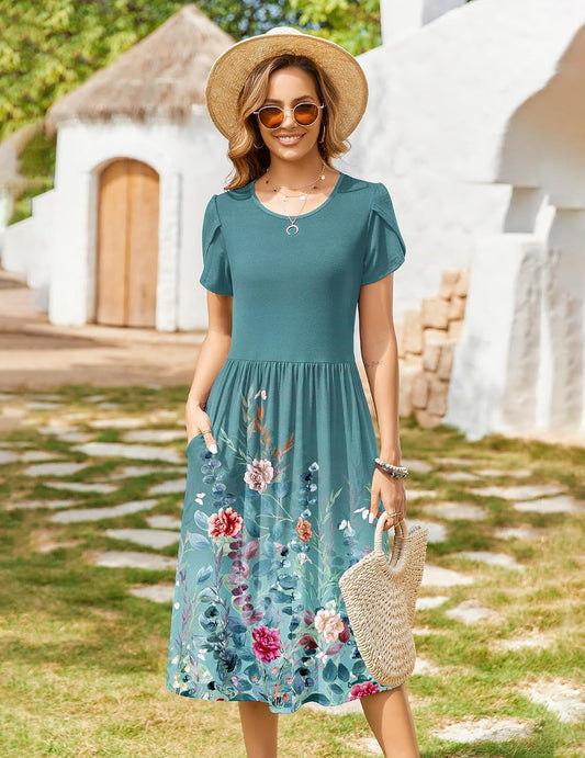 Zeagoo Womens Summer Dresses Casual Aline Midi Dress Short Sleeve Floral Tshirt Dress Flowy Beach Sundresses with Pockets
