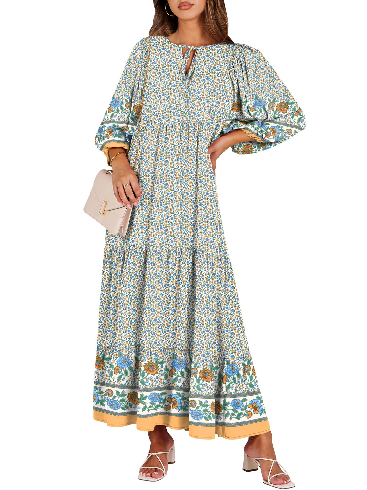 ANRABESS Womens Boho Floral 3/4 Puff Sleeve Maxi Dress