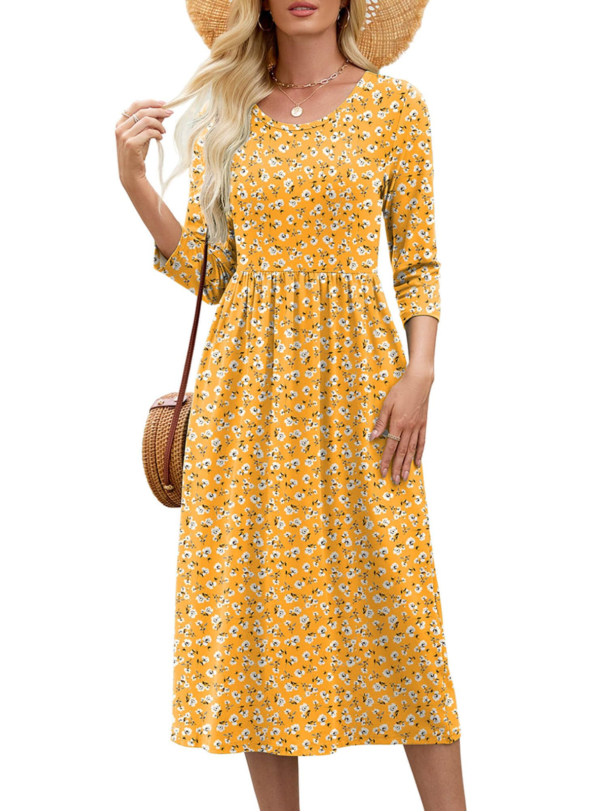 Heymoments Women's Casual 3/4 Sleeve Midi Dress with Pockets