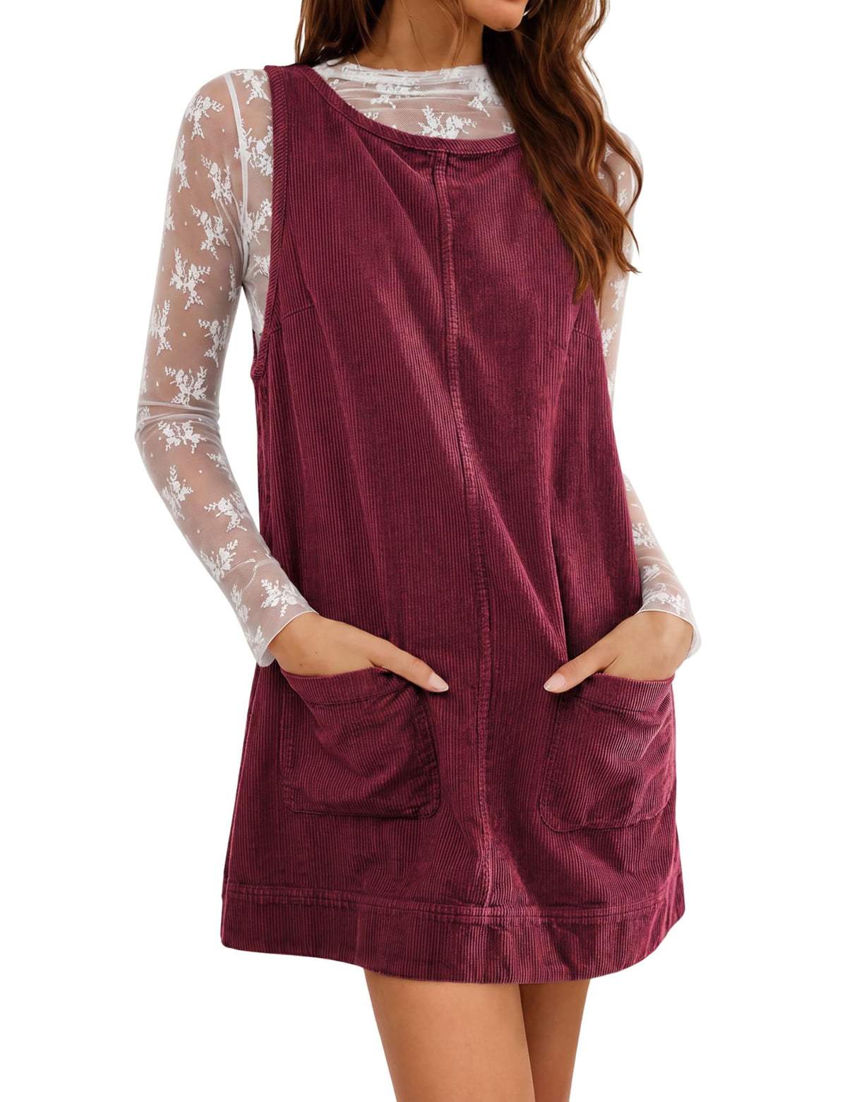 Hooever Women's Corduroy Overall Dress Round Neck A Line Skirtall Jumper Mini Dress Pinafore with Pockets