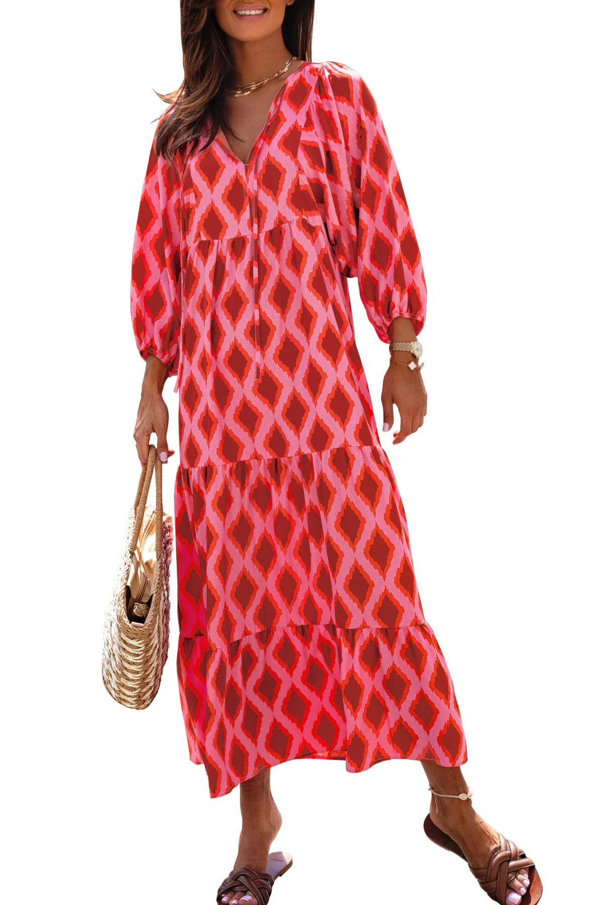 miduo Womens Casual V Neck Half Sleeve Bohemian Geometric Maxi Long Dresses