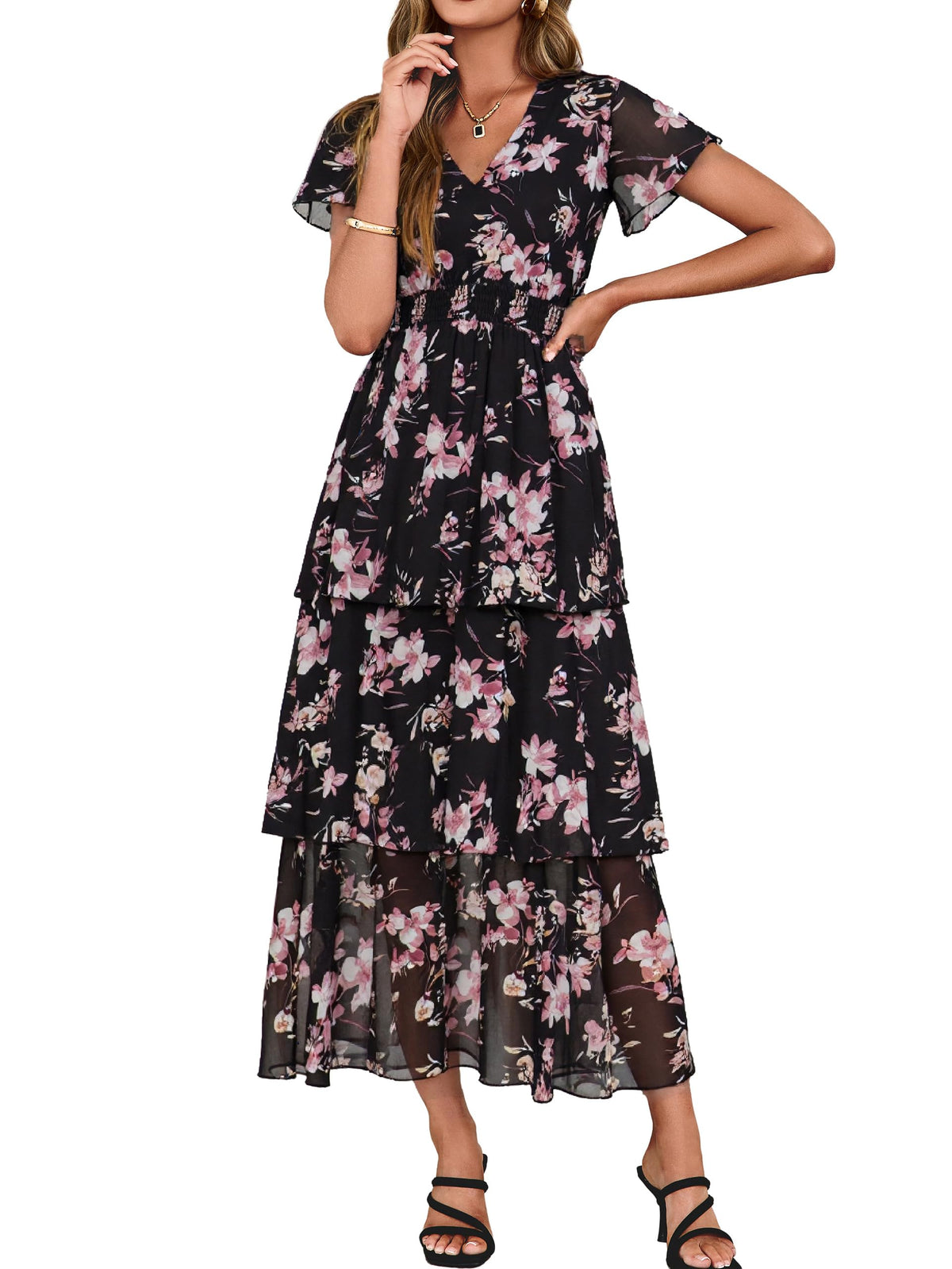 Simplee Women Floral Summer Maxi Dress Boho Flowy Ruffle Tiered Short Sleeves V Neck Long Wedding Guest Dresses