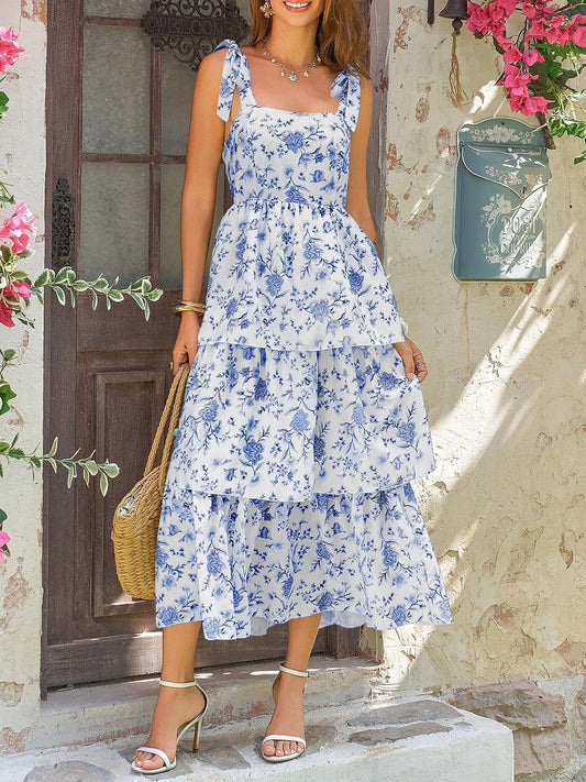 Wenrine Womens Summer Floral Maxi Dress Sleeveless Ruffle Smocked Sundress