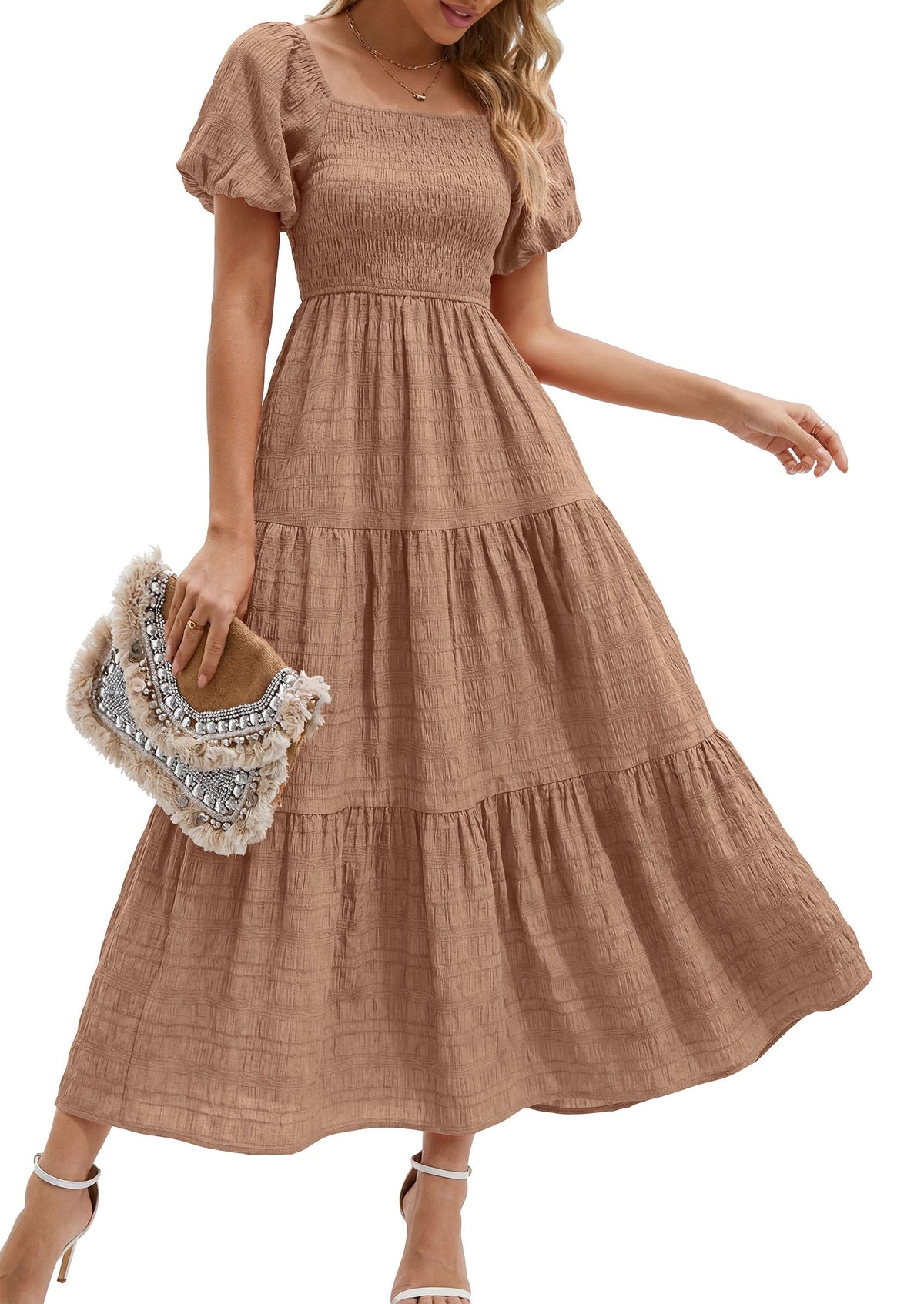 PRETTYGARDEN Womens Puff Short Sleeve Maxi Dress