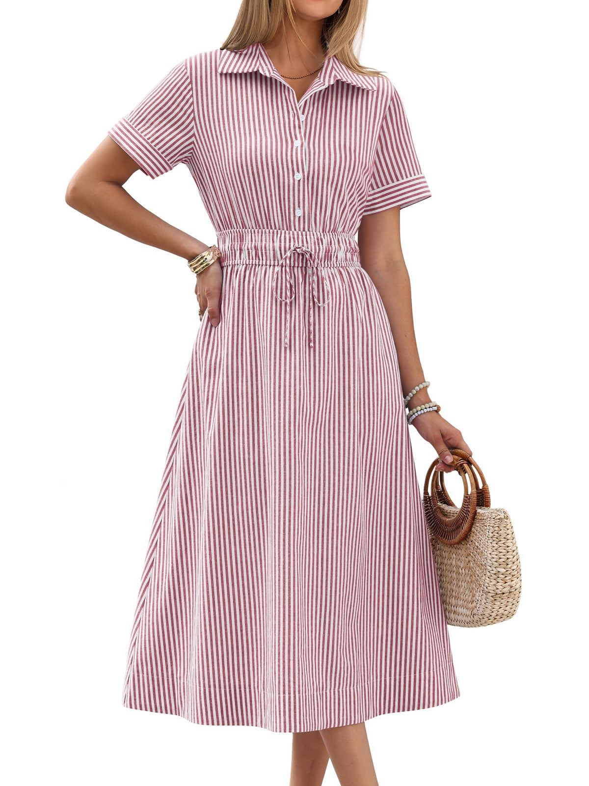 ANRABESS Women Summer Short Sleeve Midi Dress, Striped & Gingham, Casual A-Line Button Collar Shirt Dress, Beach & Vacation