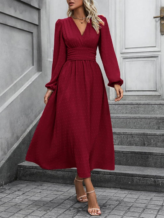 Mettclasi Women's Spring Fall Swiss Dot V-Neck Midi Dress Casual Puff Long Lantern Sleeve A-Line Flowy Wedding Guest Dress