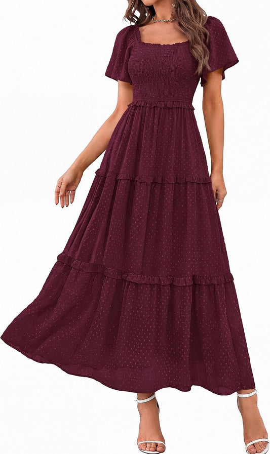 PRETTYGARDEN Womens Summer Dresses Boho Maxi Swiss Dot Dress